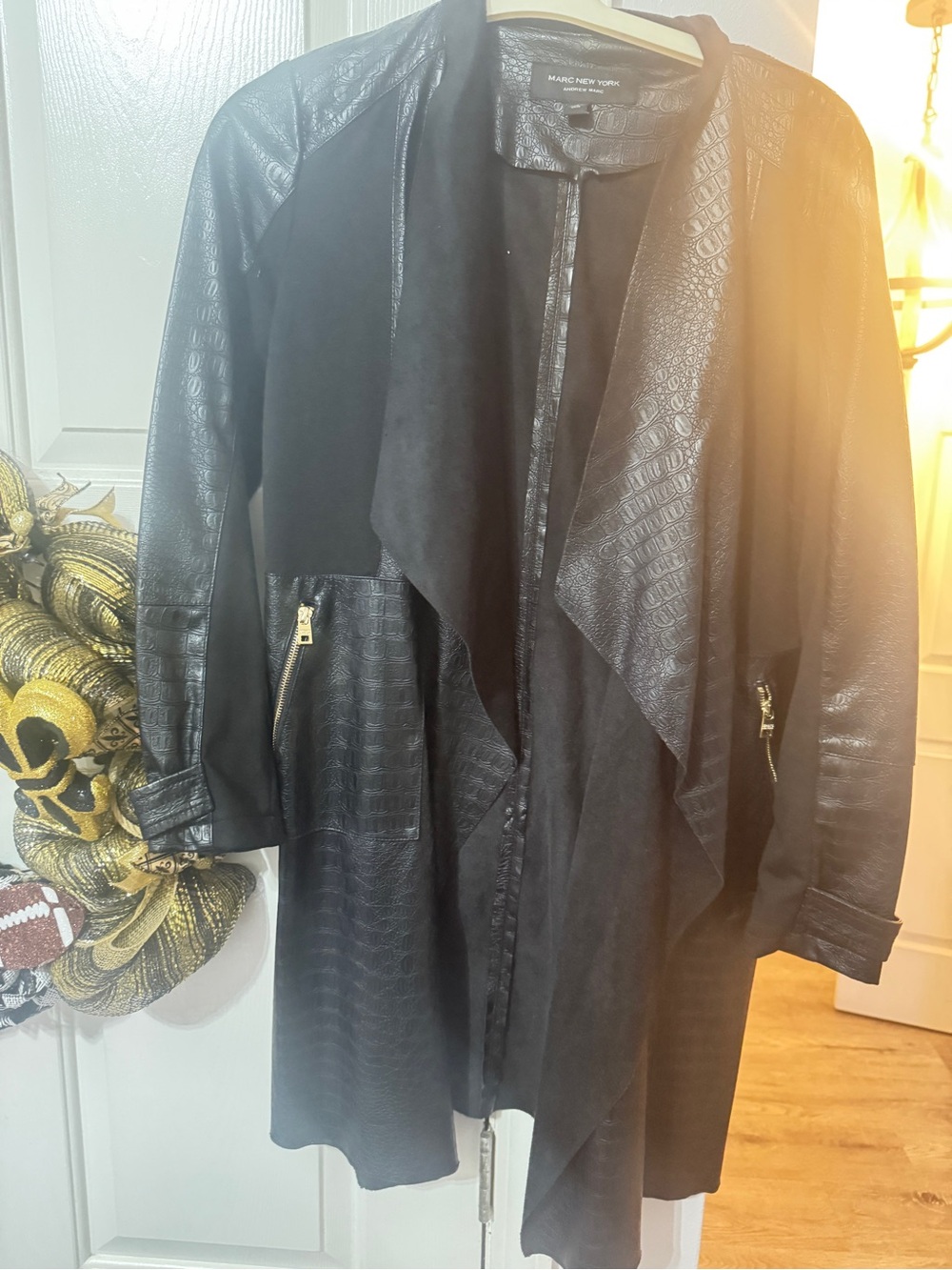 Marc New York Small Black Faux Leather & Crocodile style Draped Trench Coat